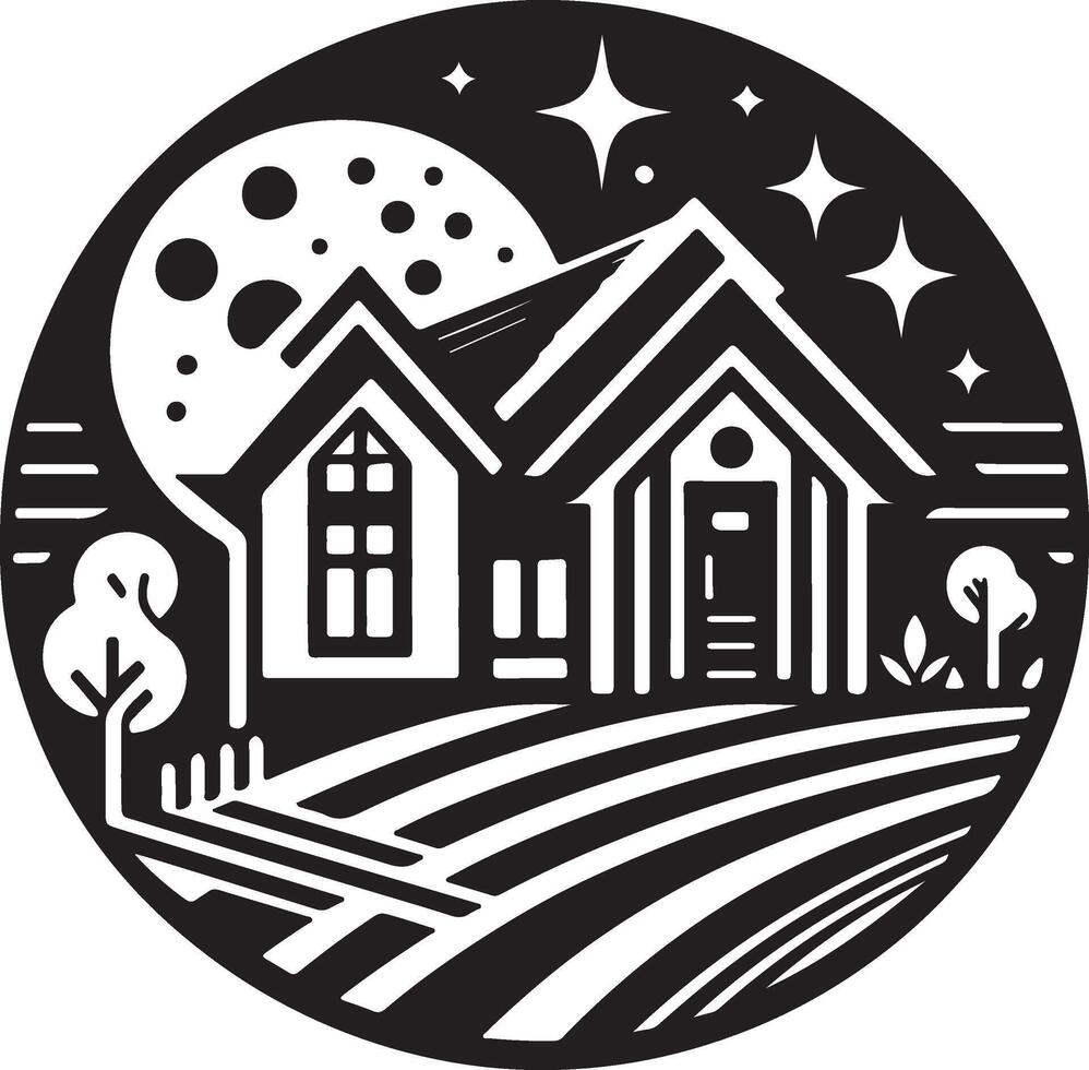a black and white image of a house with a moon and stars vector