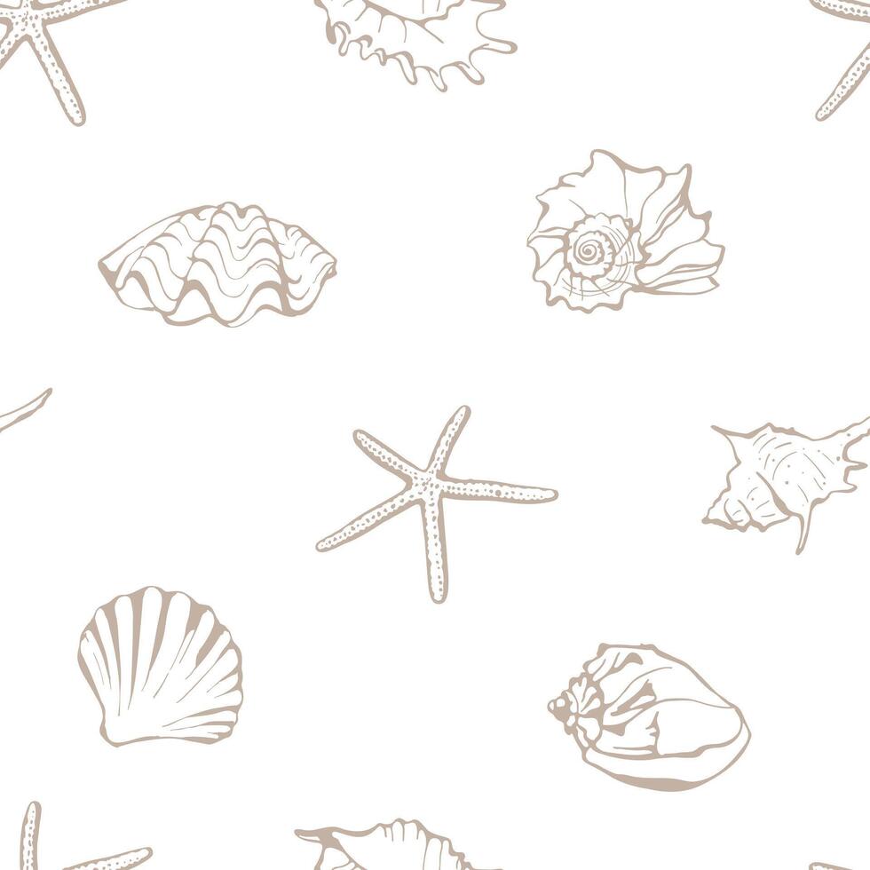 Minimalistic seamless pattern with hand drawn sea shells and starfish on white background. Marine design for fabric, home textile, cover, wrapping paper vector