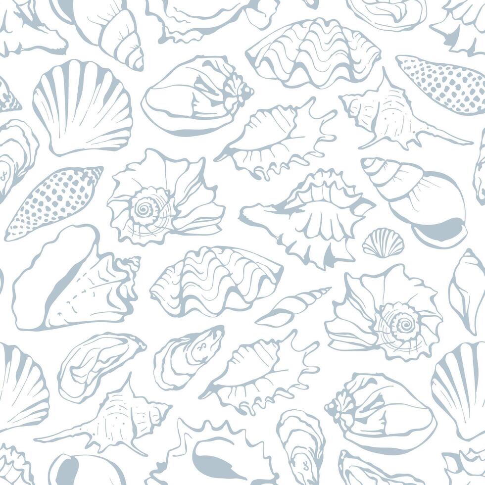 Seamless pattern with hand drawn sea shells in sketch style. Marine design for fabric, home textile, cover, wrapping paper vector