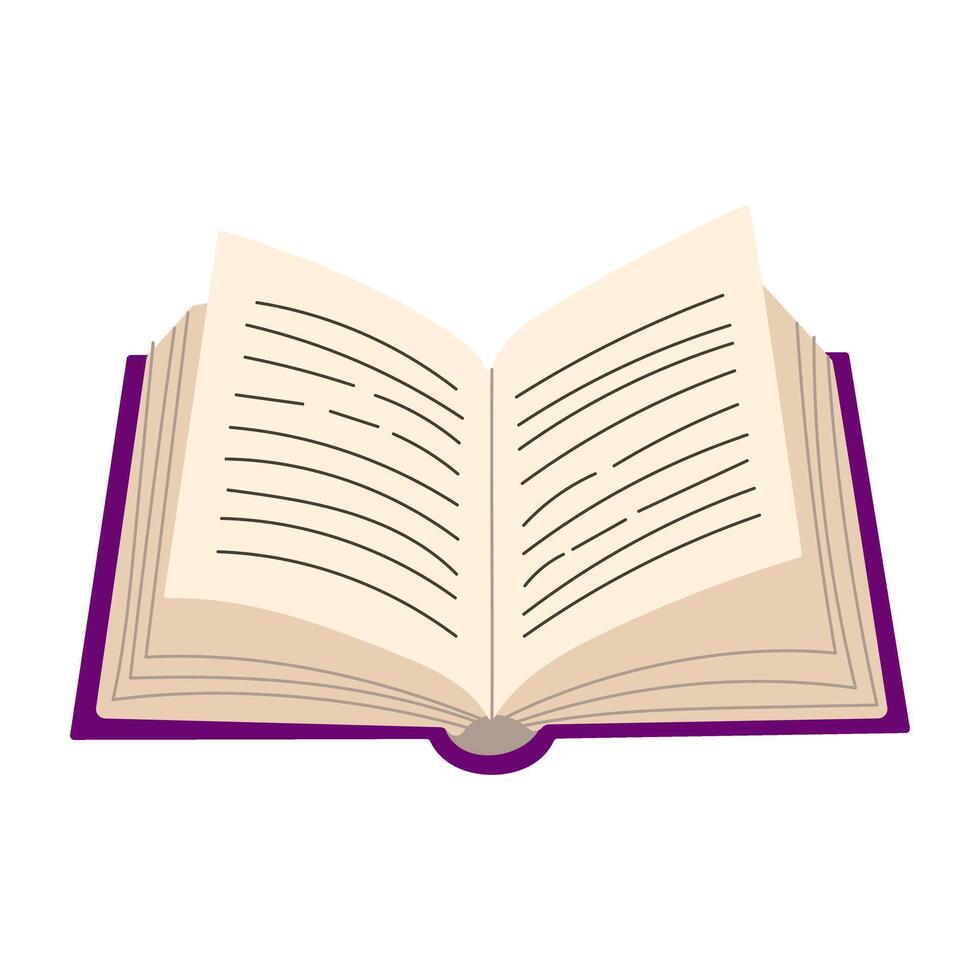 A book is displayed with its pages open to a white background. The book appears to be a novel or a textbook, as it is open to a page with text on it vector