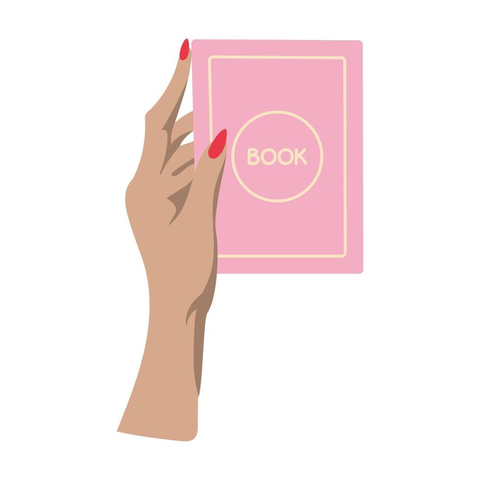 A hand holding a pink book. The book is pink and has a red border vector