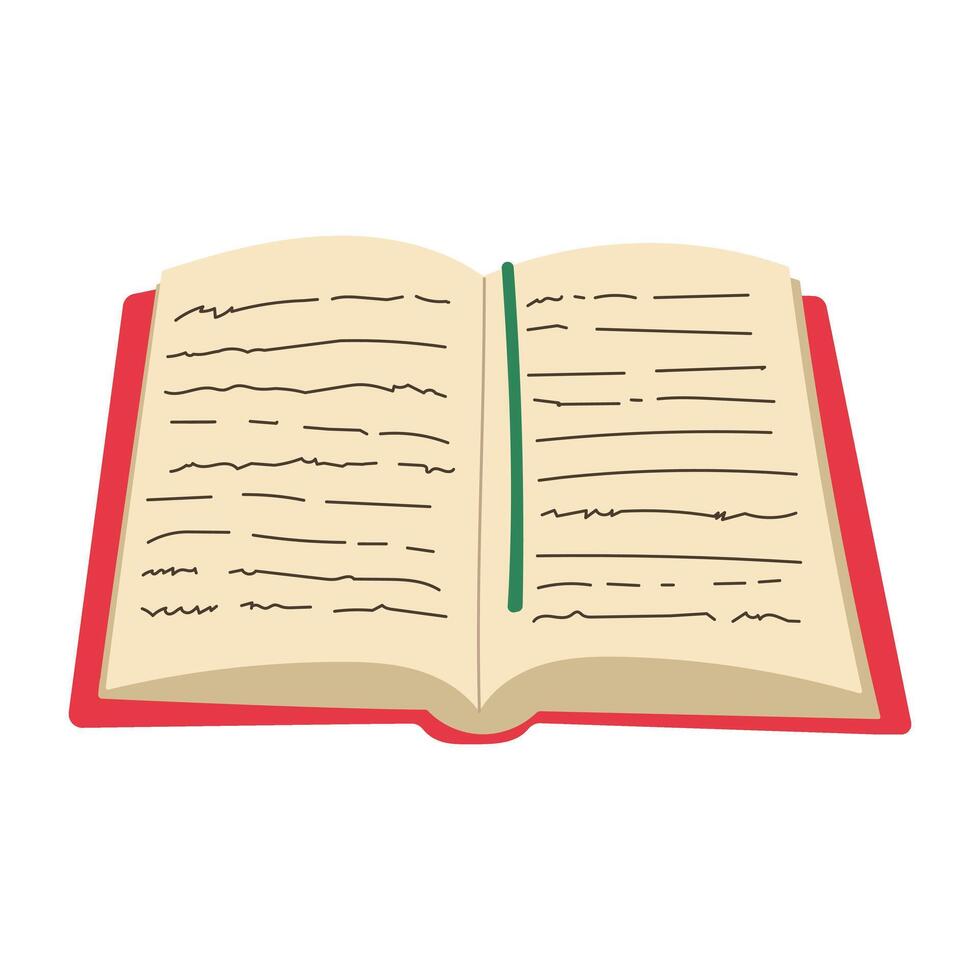 A book is open to a page with a green line. The book is red and white vector