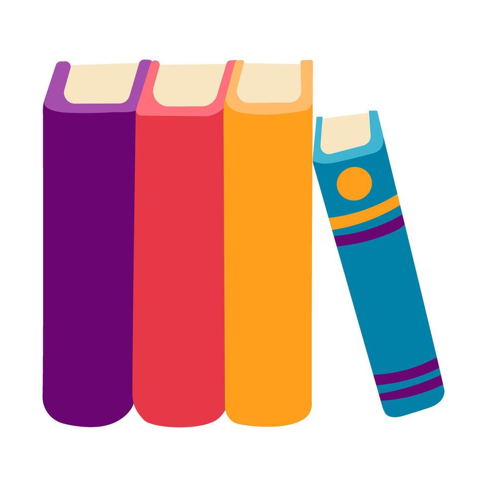Three books stacked on top of each other with a blue book in the middle. The books are of different colors and sizes vector