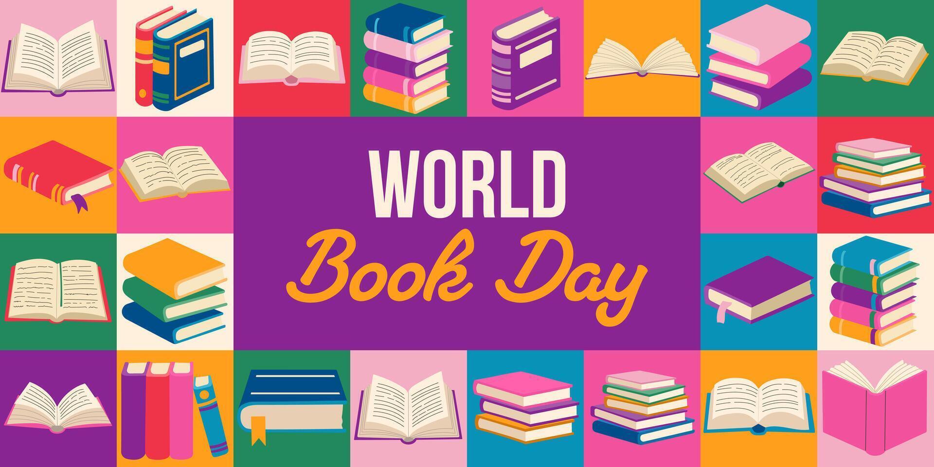 A colorful poster with many books on it that says World Book Day. The poster is made up of different colored squares, each with a book on it vector