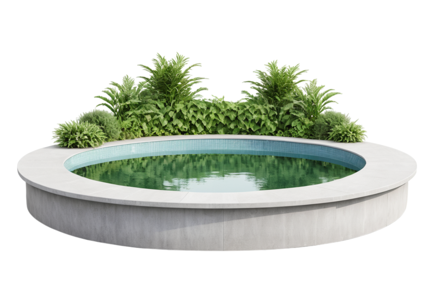 Round pool with green plants behind it creates serene atmosphere png