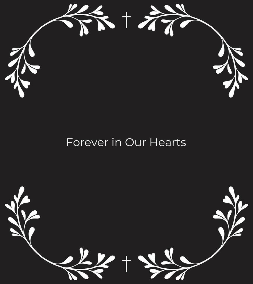 Holy Funeral Invitation Template black Background, Ornate Borders with Religious Symbols, Leafy Details, and Area for Personalized Prayer and Photo vector