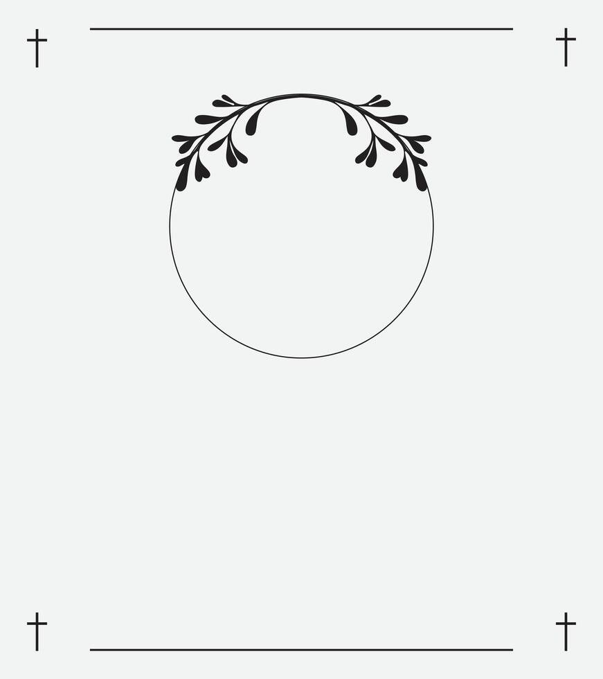 Heavenly Funeral Invitation Card with Soft Light Background, Ornate Cross Frames, Gentle Leaf Accents, and Space for Prayerful Memory Text and Photo Tribute vector