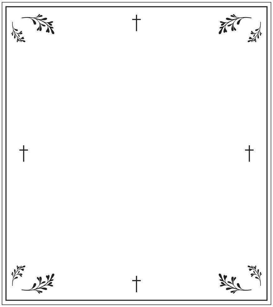 Serene Eternal Memory Card with black Background, Framed Borders Embellished with Crosses, Gentle Leaf Patterns, and Space for Tribute Text and Funeral Details vector