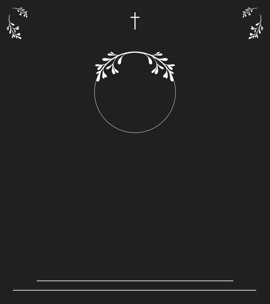 Blessed Funeral Memory Invitation Template with Calm black Background, Ornamental Borders, Subtle Leaf Decorations, and Section for Prayerful Words and Photo vector