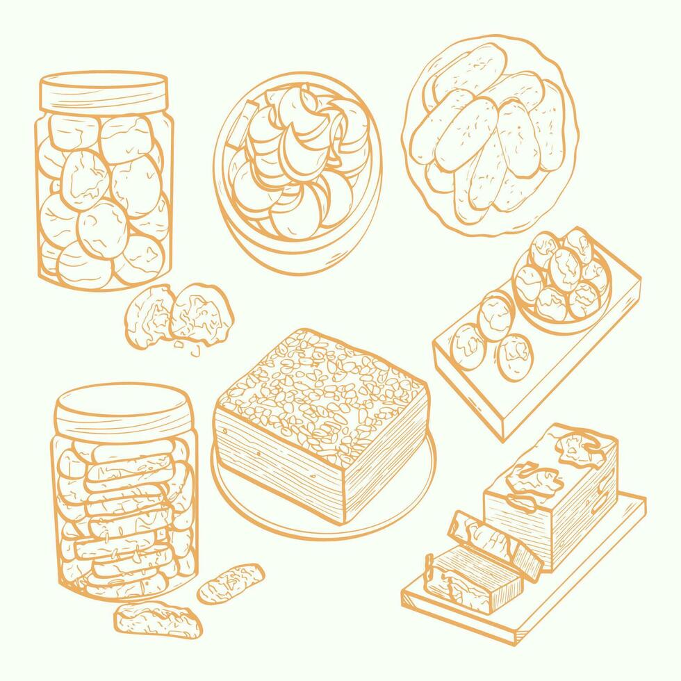 Various Indonesian Cookies and Snacks Line Art Illustration vector