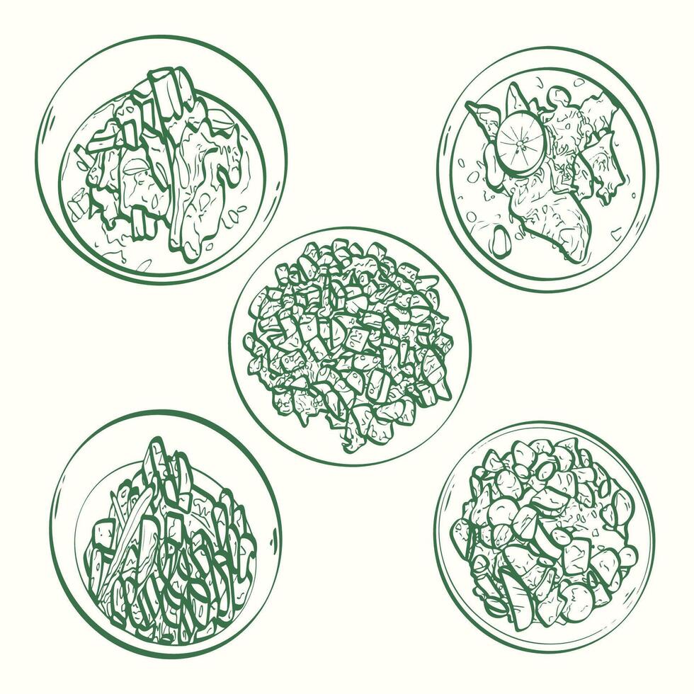 Overhead illustration of various Indonesian dishes culinary concept vector
