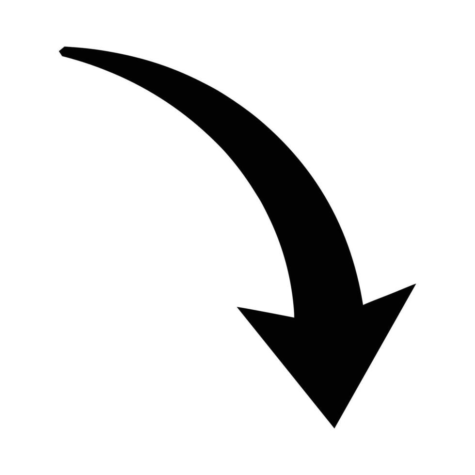 A bold, black curved arrow pointing downward to the right. The arrow has a thick, silhouette illustration. vector