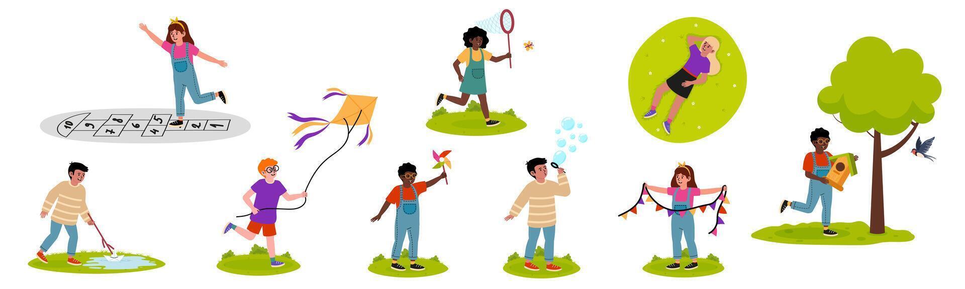 Fun outdoor activities for kids engaging in creative play during a sunny afternoon vector