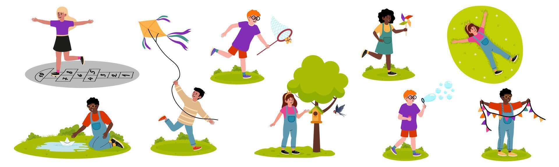 Children engaging in various outdoor activities in a sunny park setting vector