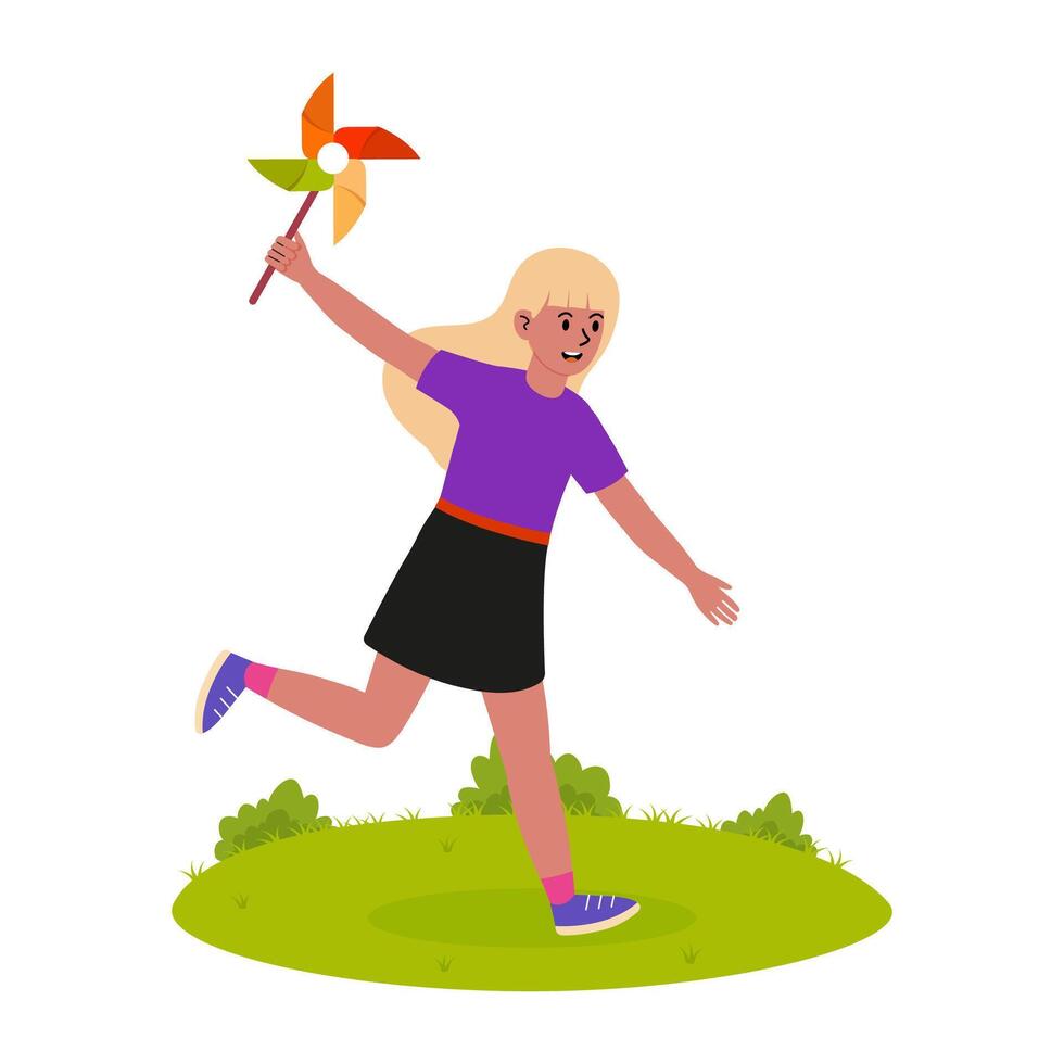 Cheerful girl running with a windmill toy in a green field on a sunny day vector
