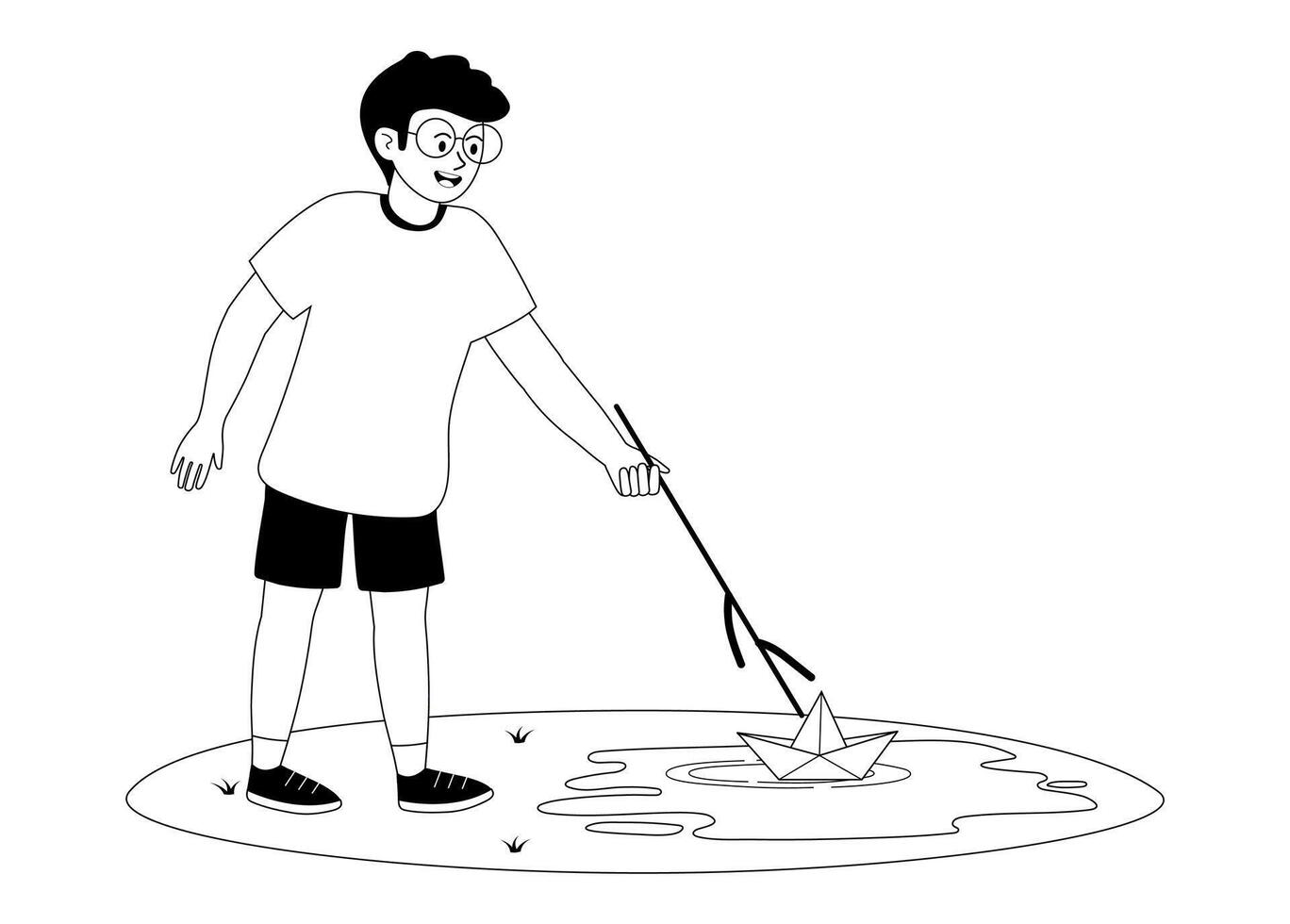 Boy playing with a paper boat in a small puddle while enjoying a sunny afternoon vector