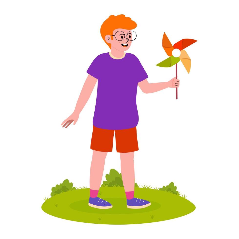 Child enjoying a colorful pinwheel while standing on green grass in a sunny outdoor setting vector