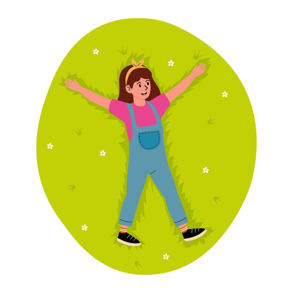Child enjoying a sunny day making snow angels on green grass in a park vector