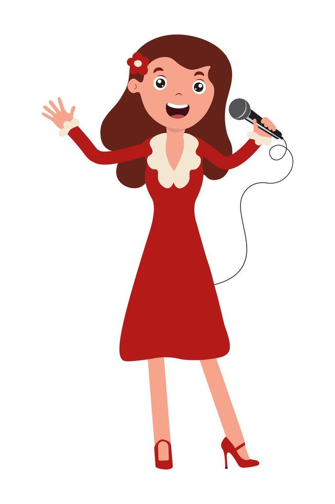 Happy girl singing in a red dress with a microphone on a white background vector