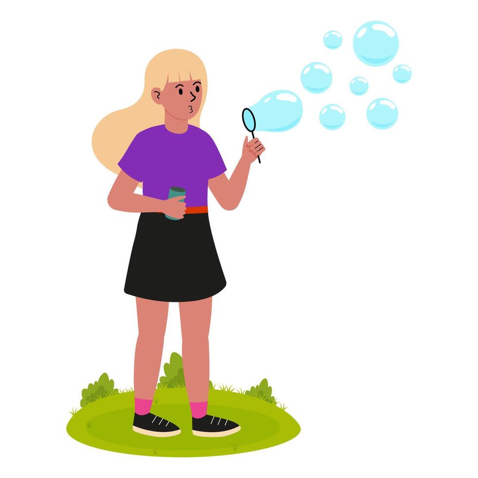 Girl blowing bubbles outdoors on a sunny day in a grassy park vector