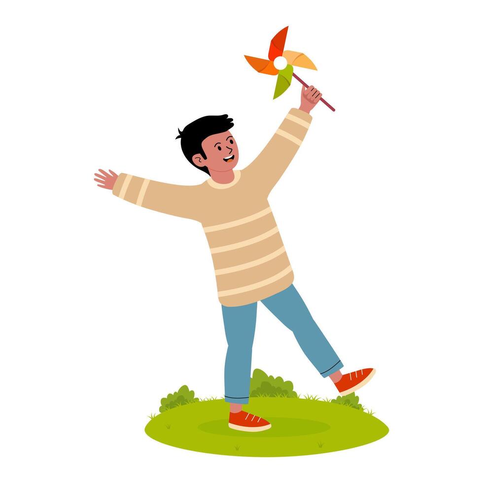 Boy joyfully playing with a colorful pinwheel in a sunny green field vector