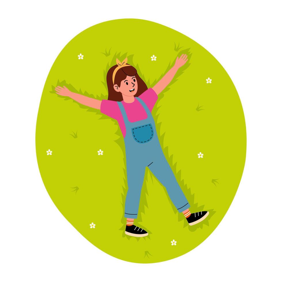 Girl enjoying a sunny day while making snow angels on green grass in a park vector