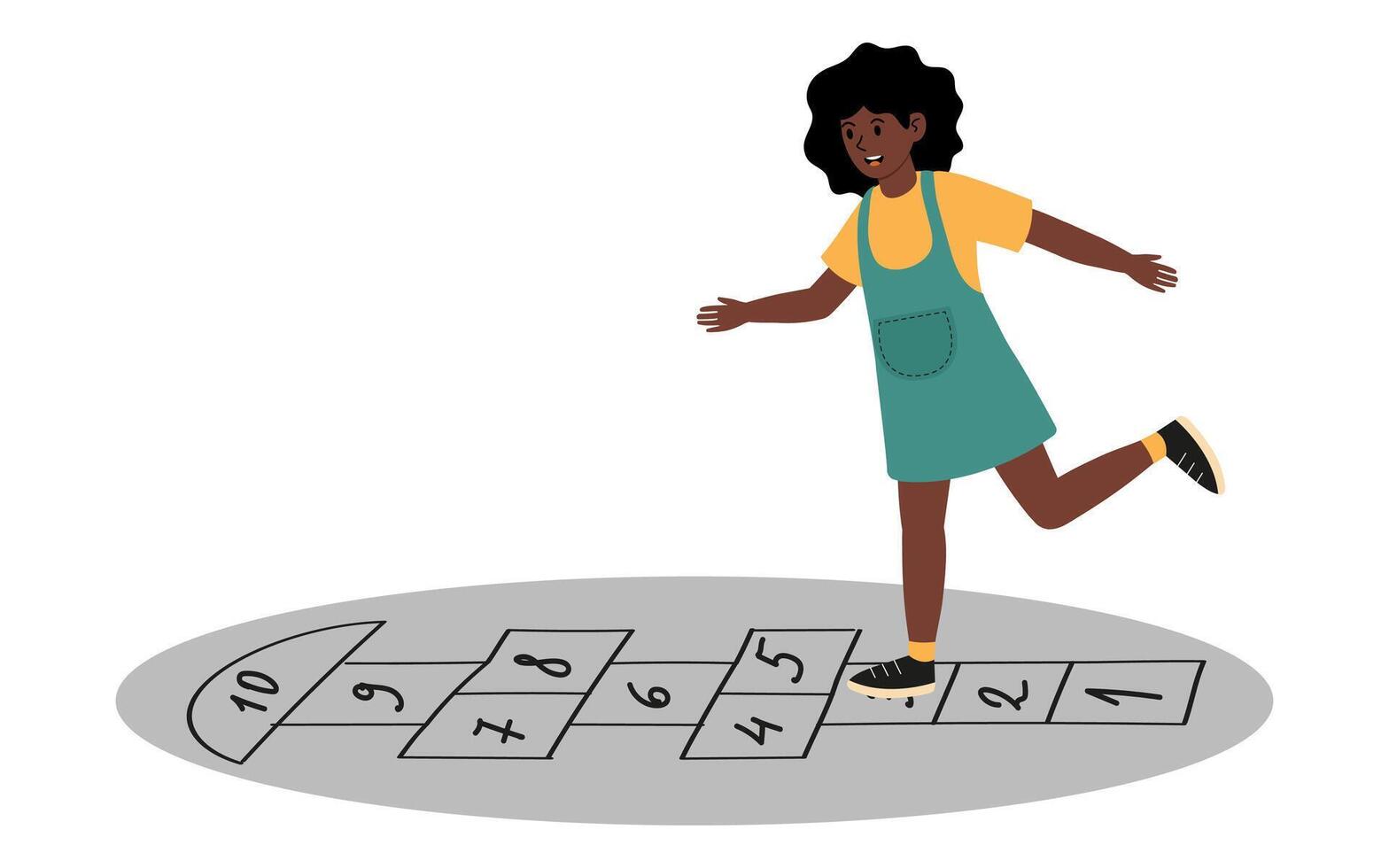 Child playing hopscotch on pavement in a sunny outdoor setting vector