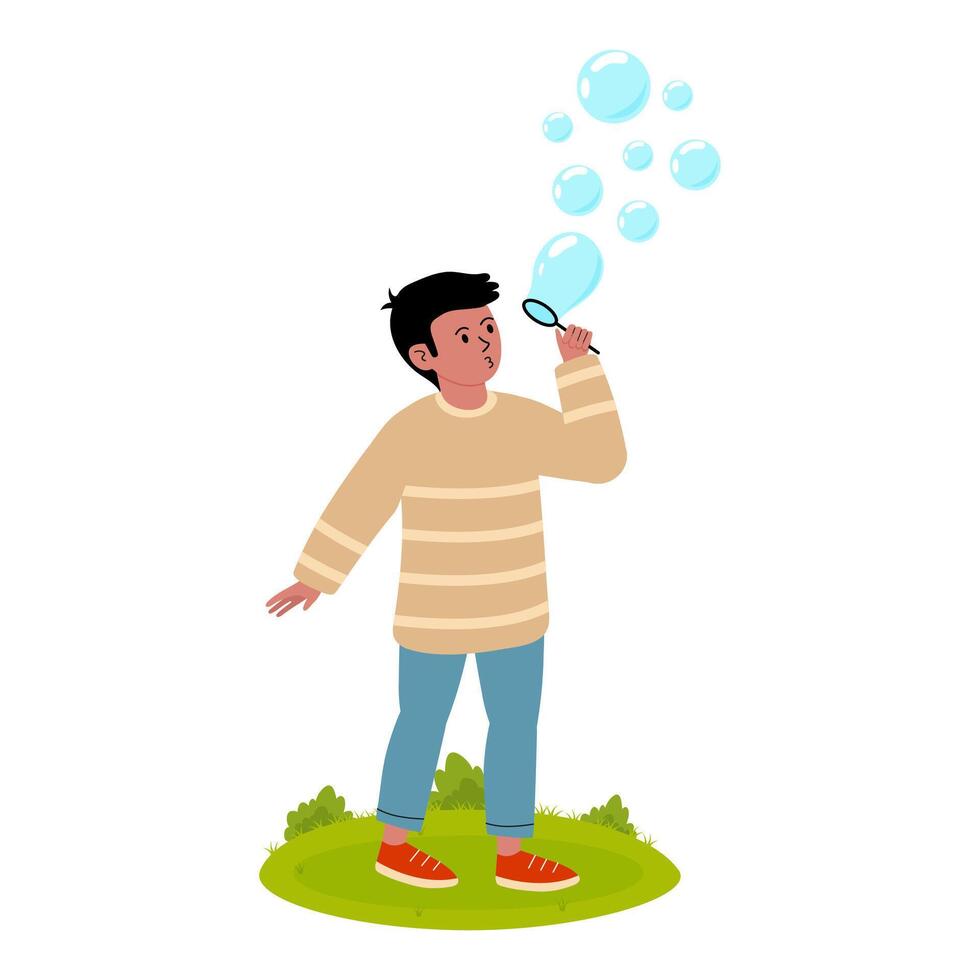 Child enjoying bubble making activity in a sunny park environment with magnifying glass vector