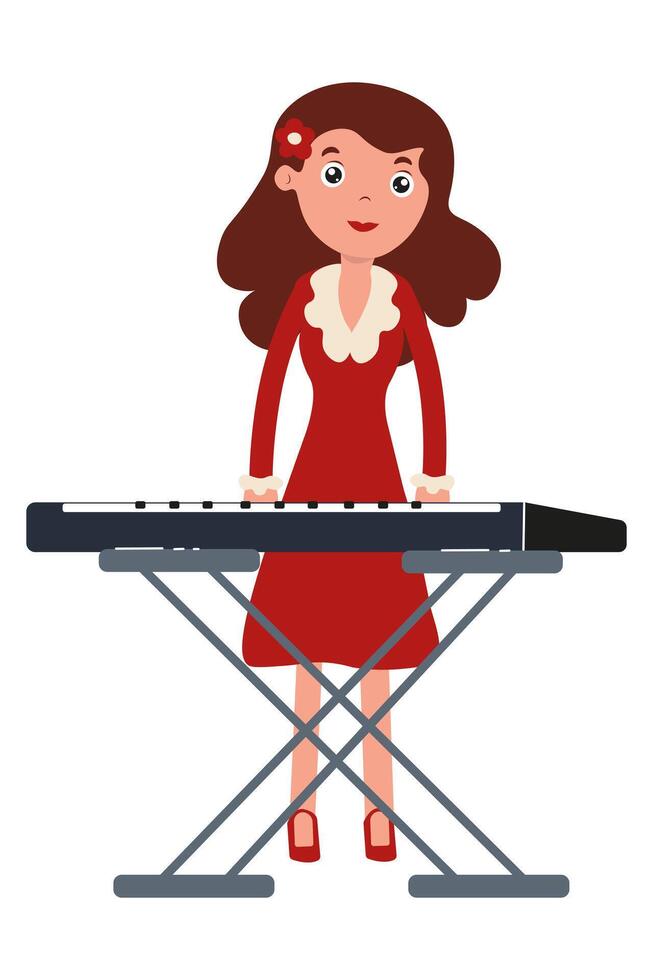 Woman in red dress playing keyboard with passion in a lively music performance vector