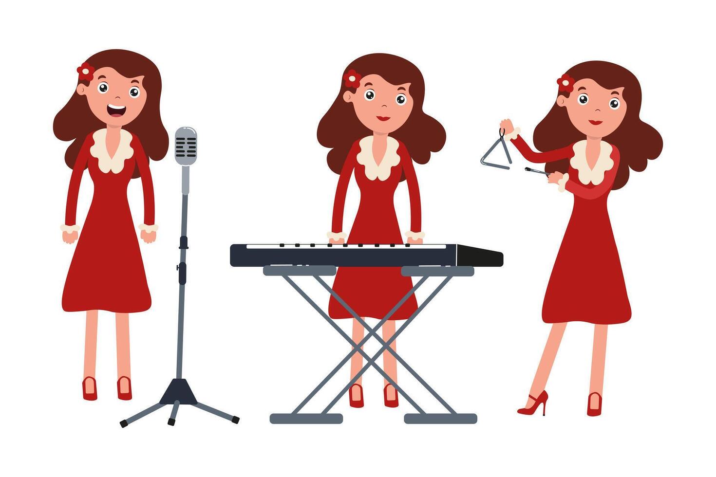 Woman performing with musical instruments in vibrant red dress at a lively event vector