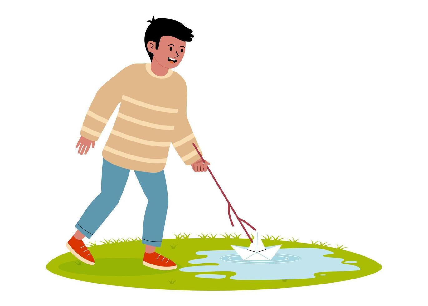 Child plays with paper boat in small puddle during a sunny day outdoors with grassy surroundings vector