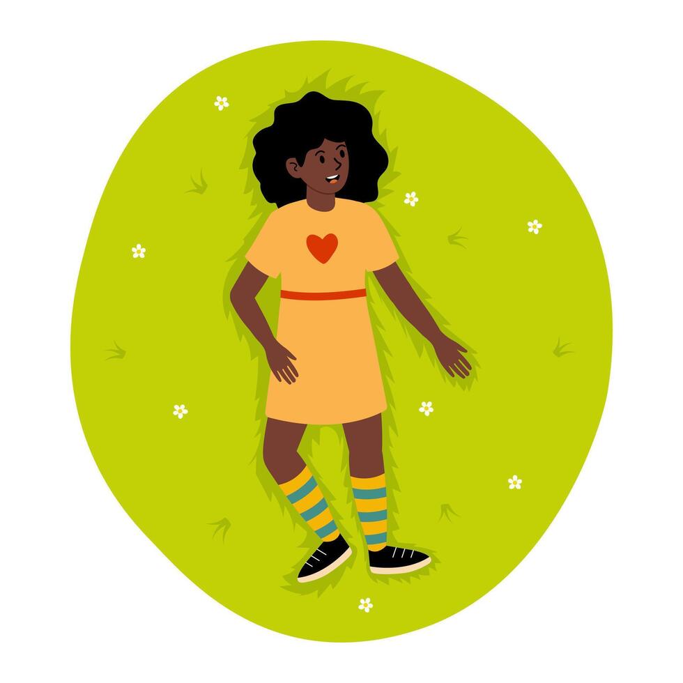 Girl enjoying sunny day while lying on grass in a park surrounded by flowers vector