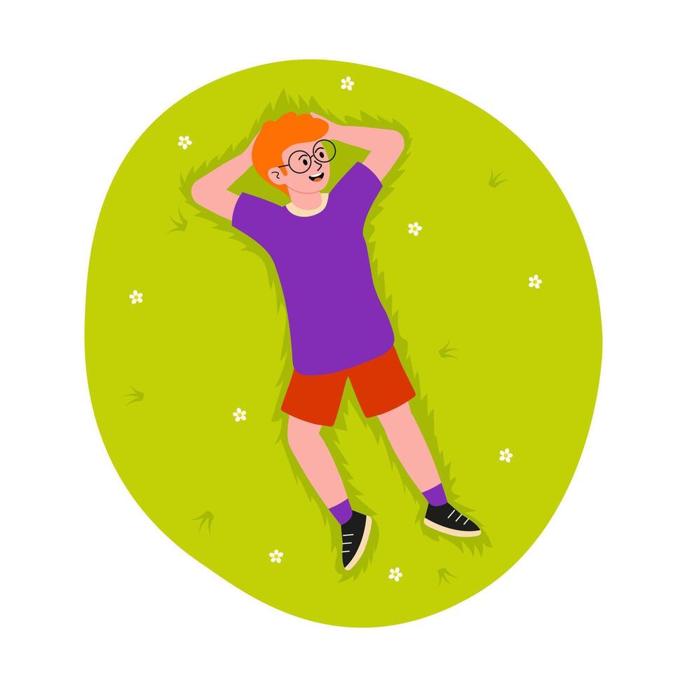 Child enjoys sunny day lying on grass in park surrounded by flowers and greenery vector
