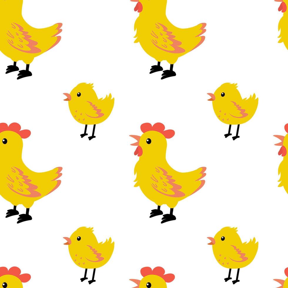 Colorful cartoon chicks and chickens in a playful pattern on a white background vector