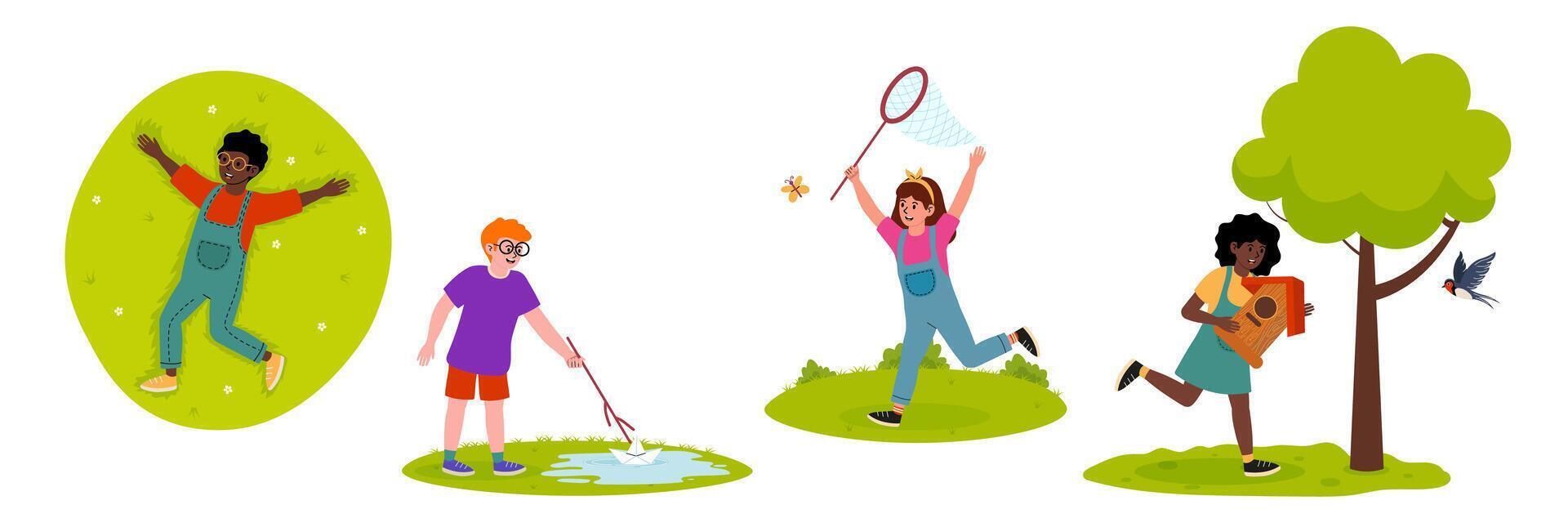 Children enjoying outdoor activities in a park during a sunny day vector