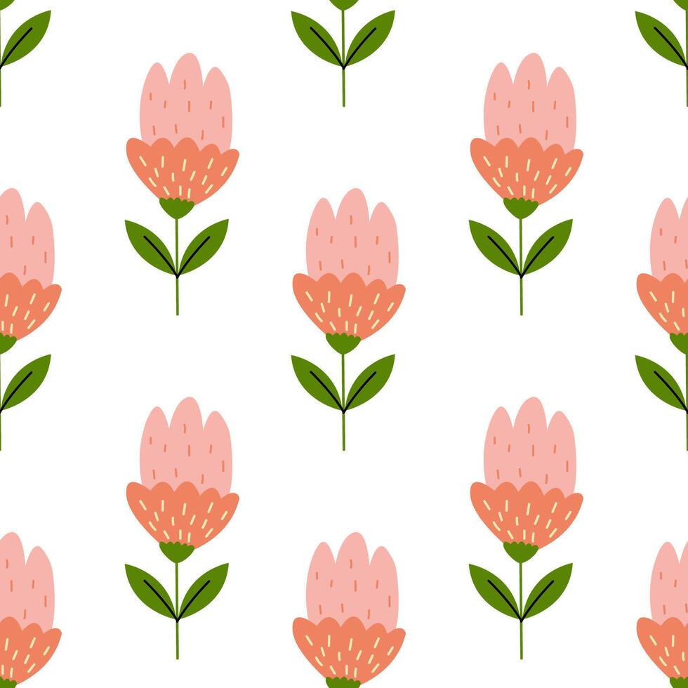Floral pattern featuring pink flowers with green leaves on a white background vector