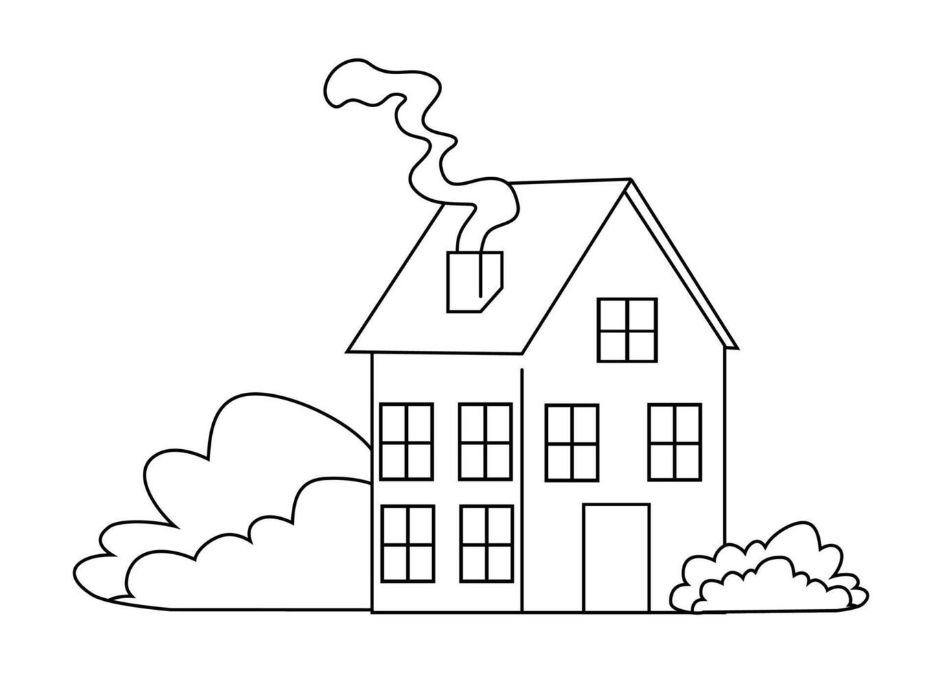 Cozy house sketch with smoke rising from chimney surrounded by green shrubs vector