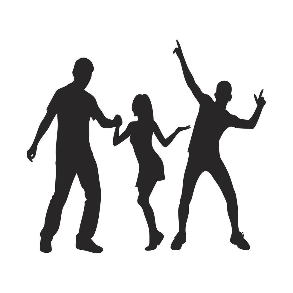 Simple dancing people black silhouettes teenagers, a young girl, and a boy dancing street dance or hip hop at a party or club. Outline drawing isolated on a white background. vector