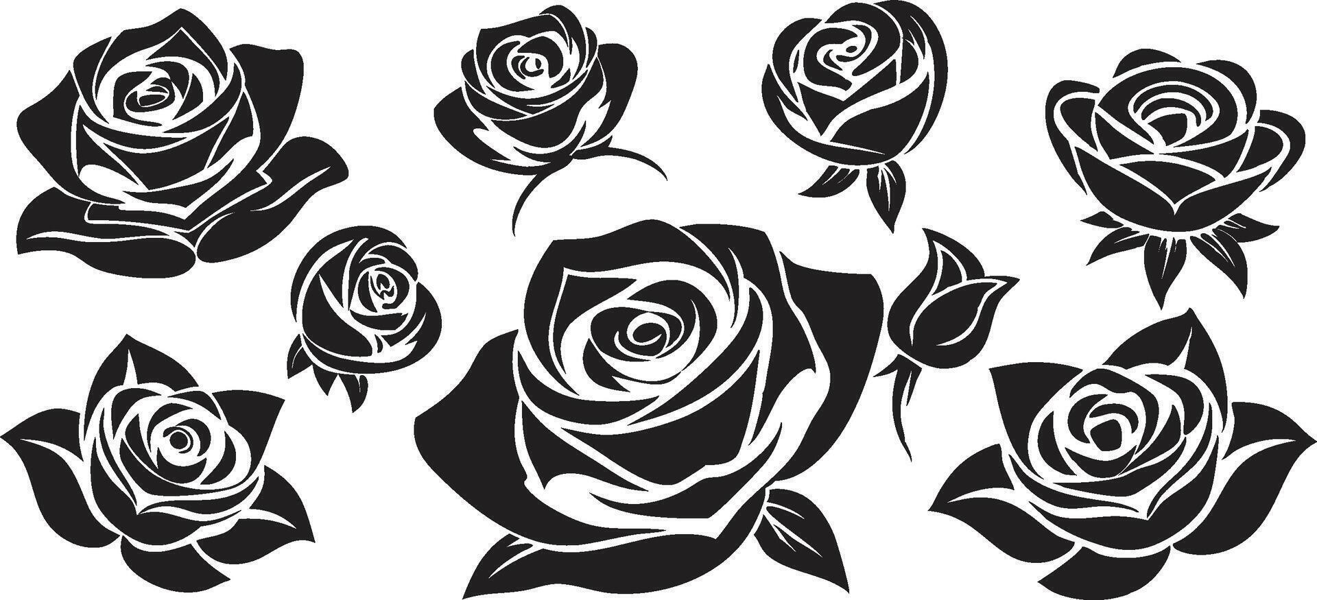 Detailed Black and White Rose ilhouette Set vector