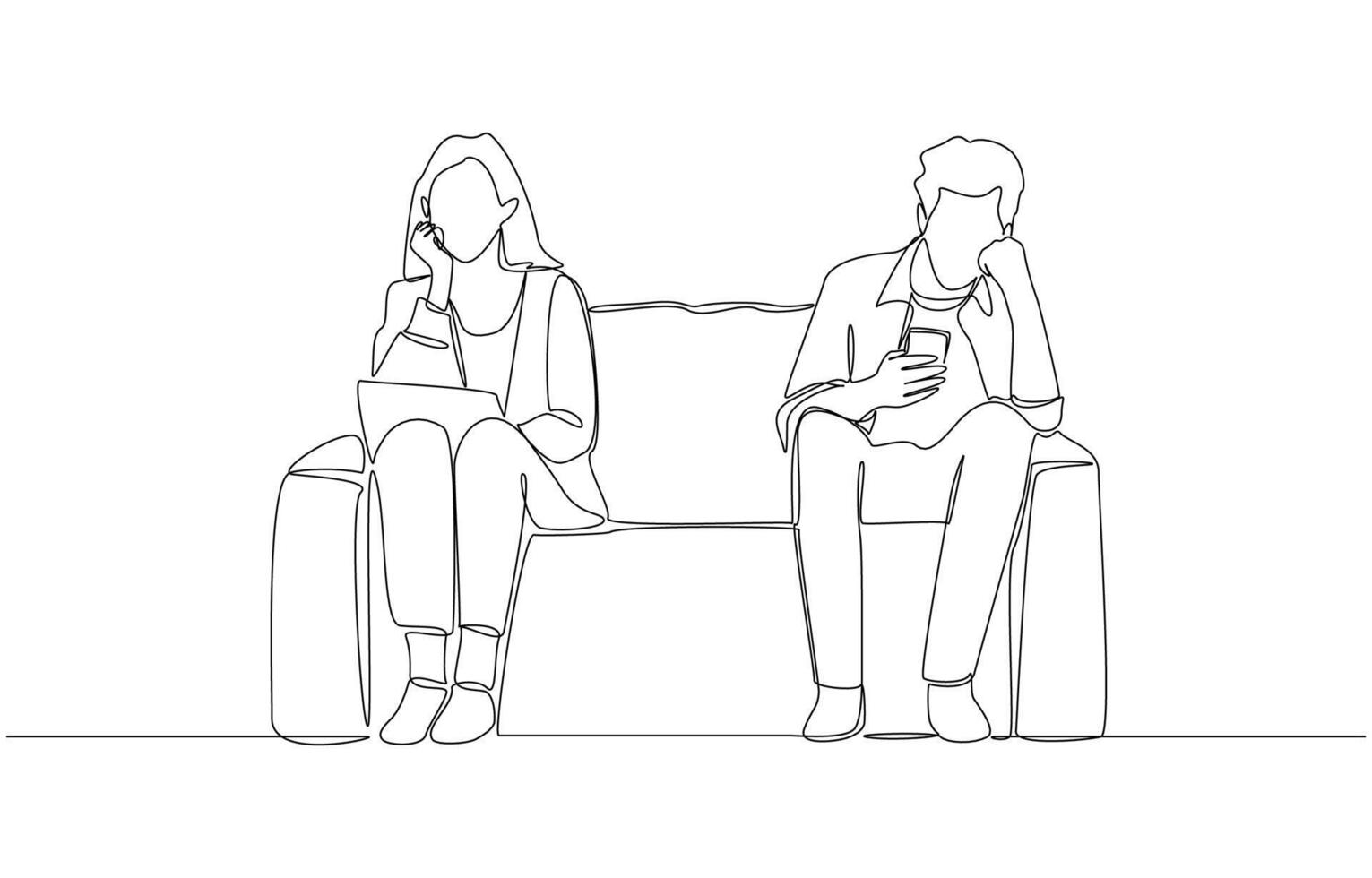 Continuous one line drawing of couple sitting apart on sofa and ignoring each other, relationship of couples concept, single line art vector