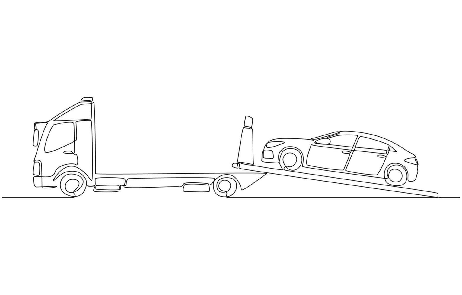 Continuous one line drawing of broken down car being loaded onto a slide truck, car moving service concept, single line art vector