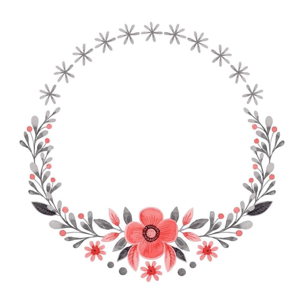 Round wreath with flower and branches in folk style. Stylized illustration in red and gray colors for wedding invitation creating. Hand drawn composition is perfect for romantic and love designs. vector