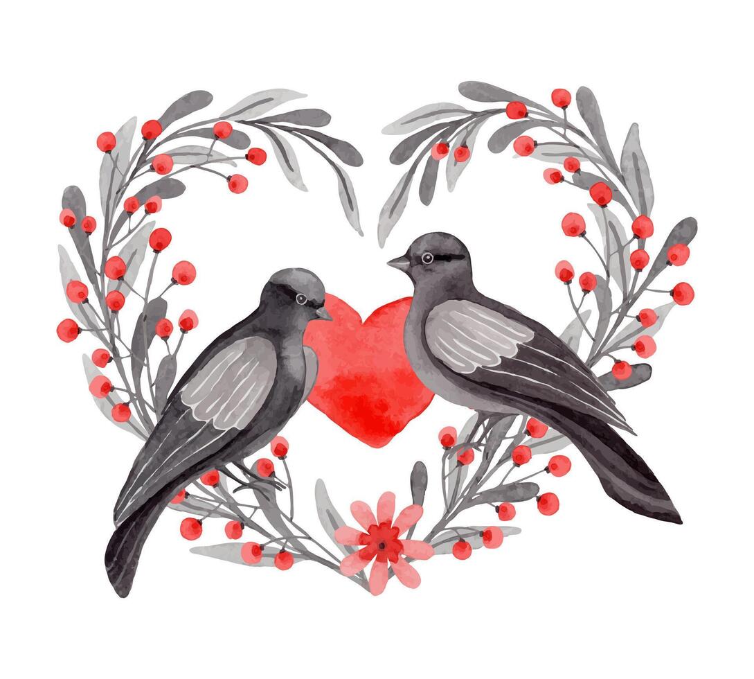 Dove couple heart shaped arrangement in folk style. Stylized illustration in red and gray colors for wedding invitation creating. Hand drawn composition is perfect for romantic and love designs. vector