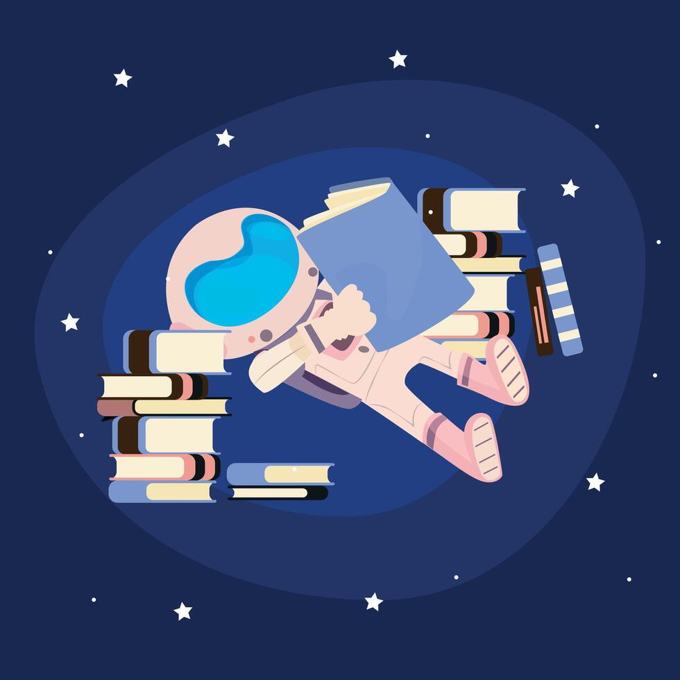 Floating Astronaut Surrounded by Books, Imaginative Space Illustration vector