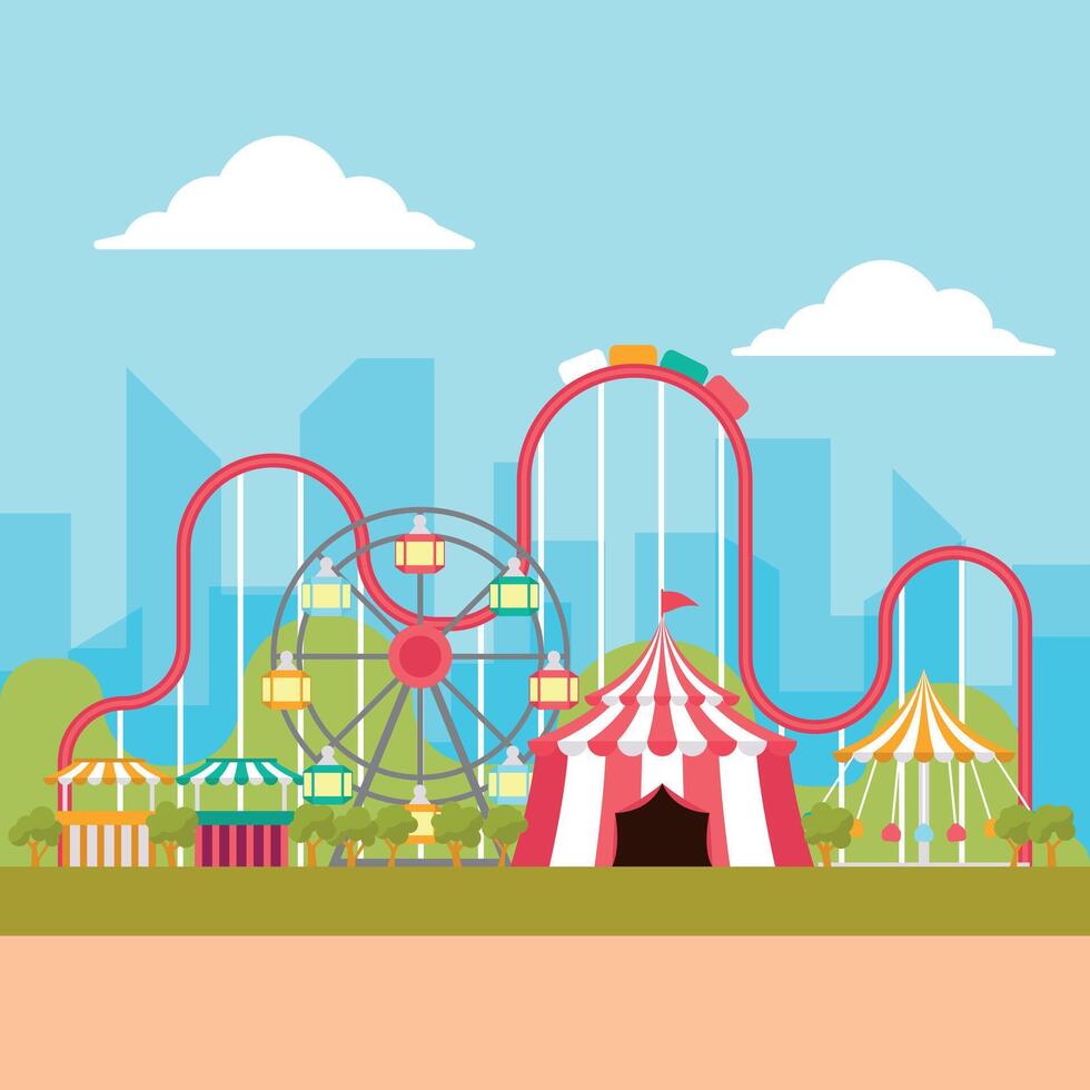 Colorful Amusement Park Illustration. Funfair and Carnival Scene vector