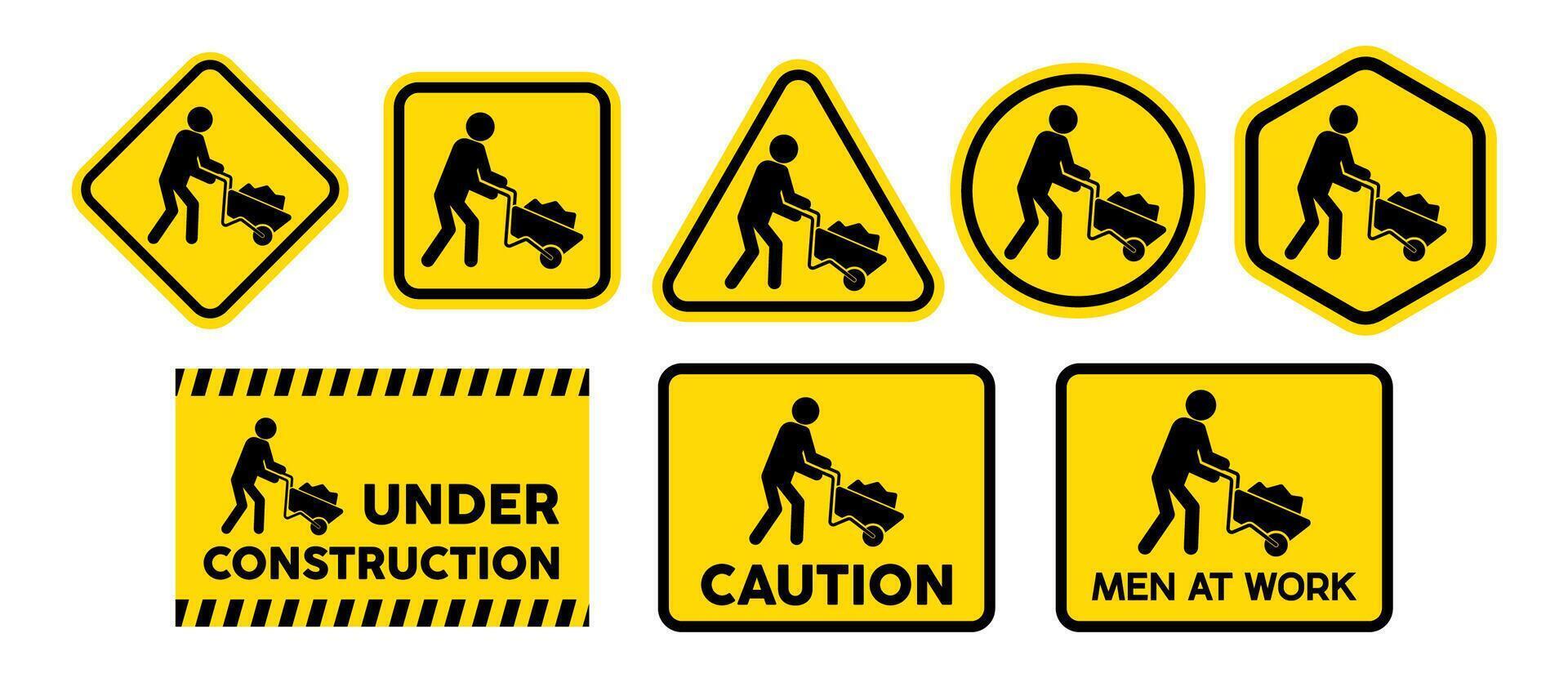 Collection design of under construction sign, men at work sign, road works sign, caution sign, in black and yellow design. vector