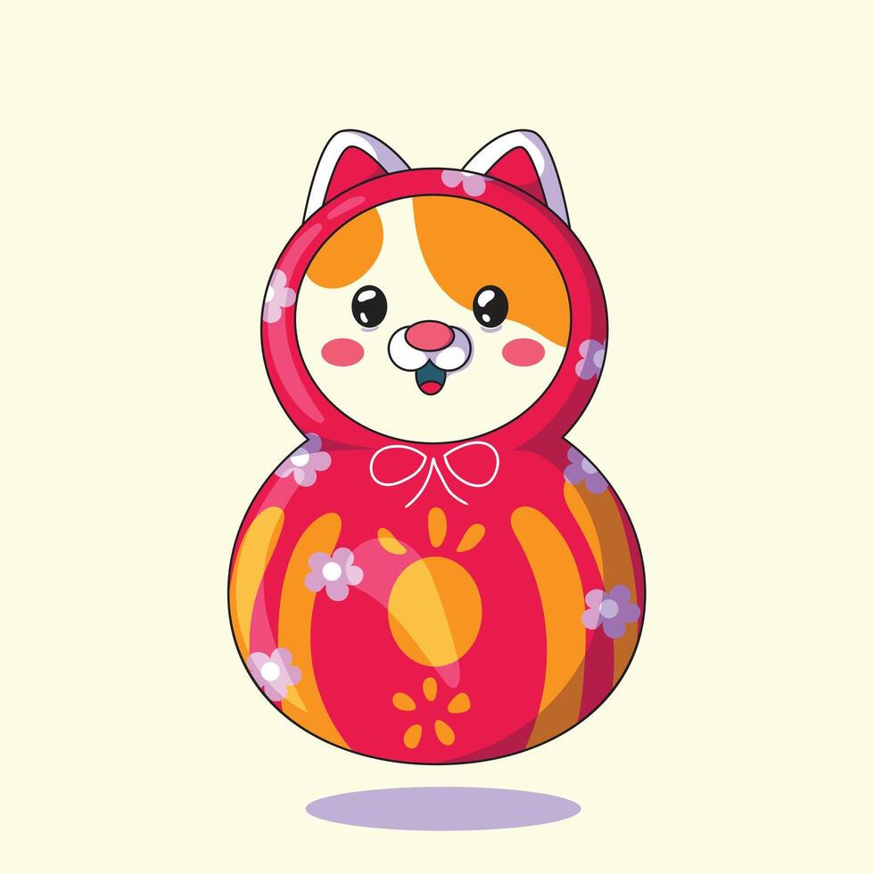 Cute cat transformed into a charming Daruma doll, inspired by Japanese culture, symbolizing luck and perseverance. vector