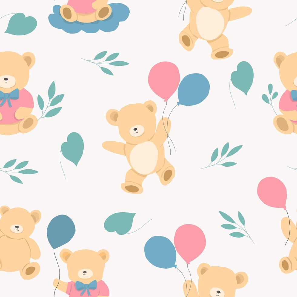 Cute Teddy Bear With Balloon Illustration Seamless Pattern for Children vector