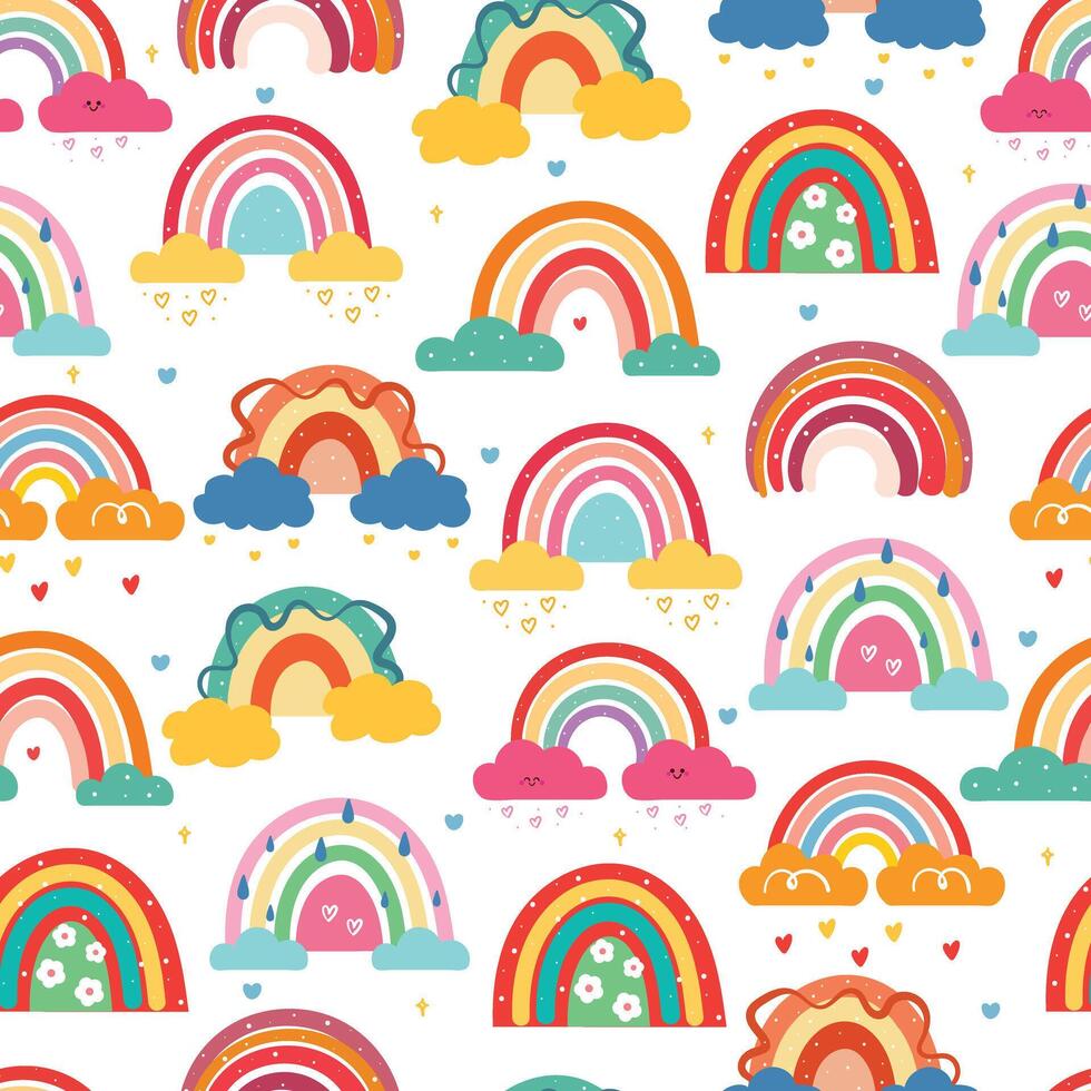seamless pattern cute cartoon boho rainbows. cute sky element drawing for wallpaper, pattern, background vector
