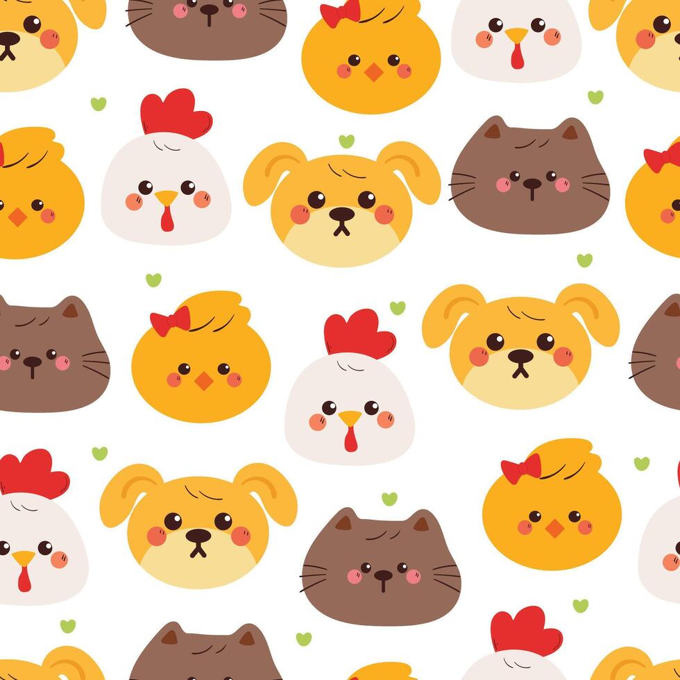 seamless pattern cute cartoon puppy, cat, chick, chicken. cute animal head pattern for wallpaper, gift wrap paper vector